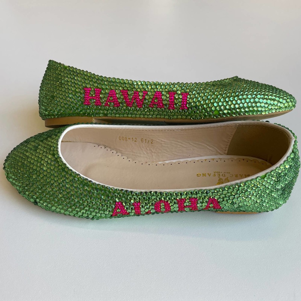 Crystal Ballet Flats 7.5 Aloha Hawaii Green Pink Marc Defang NY GUC
